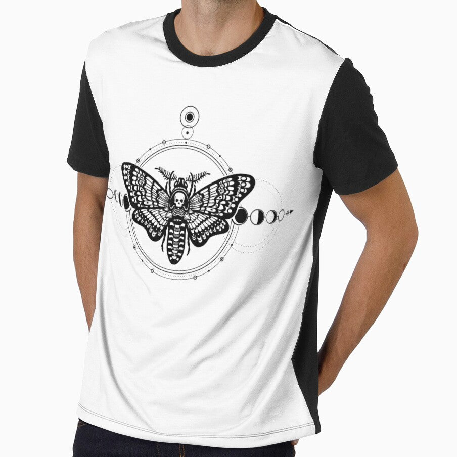 Mystical drawing: moth Dead Head, sacred geometry, moon phases, energy circles. Alchemy, magic, esoteric, occultism. Monochrome Vector Illustration by YanaZvereva