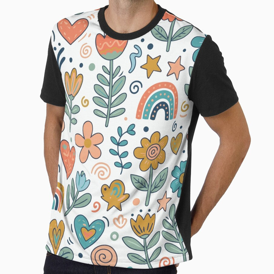 Groovy Retro Floral Pattern with Ditsy Rainbows and Hearts by Far Out Goods