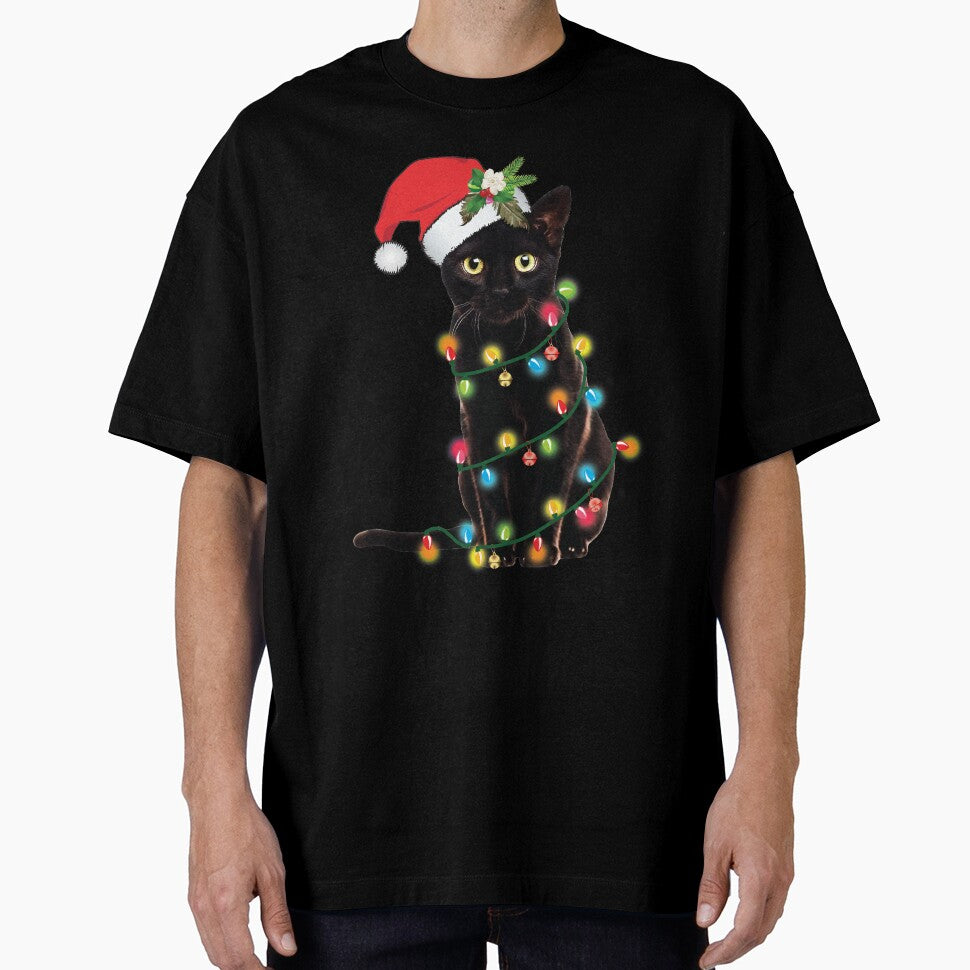 Santa Black Cat Tangled Up In Christmas Tree Lights Holiday by tronictees