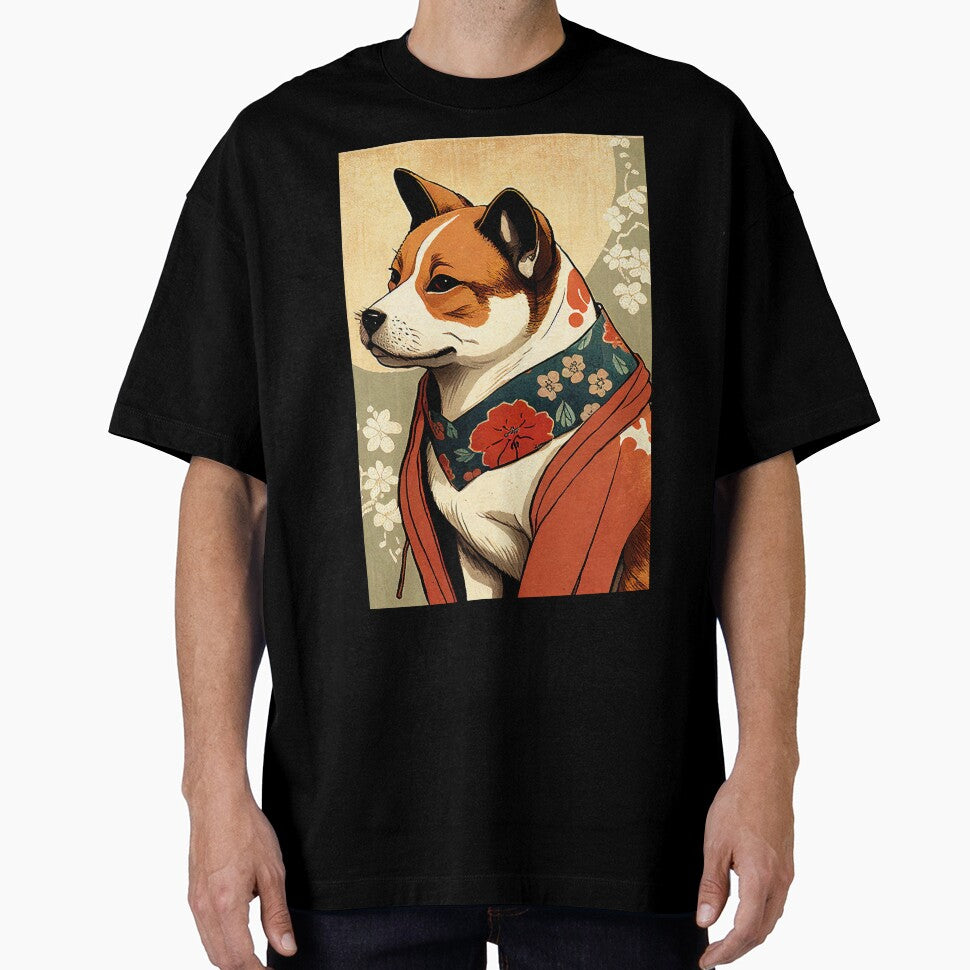 Brown and White dog with red robe - Japanese style by KoolArtDistrict