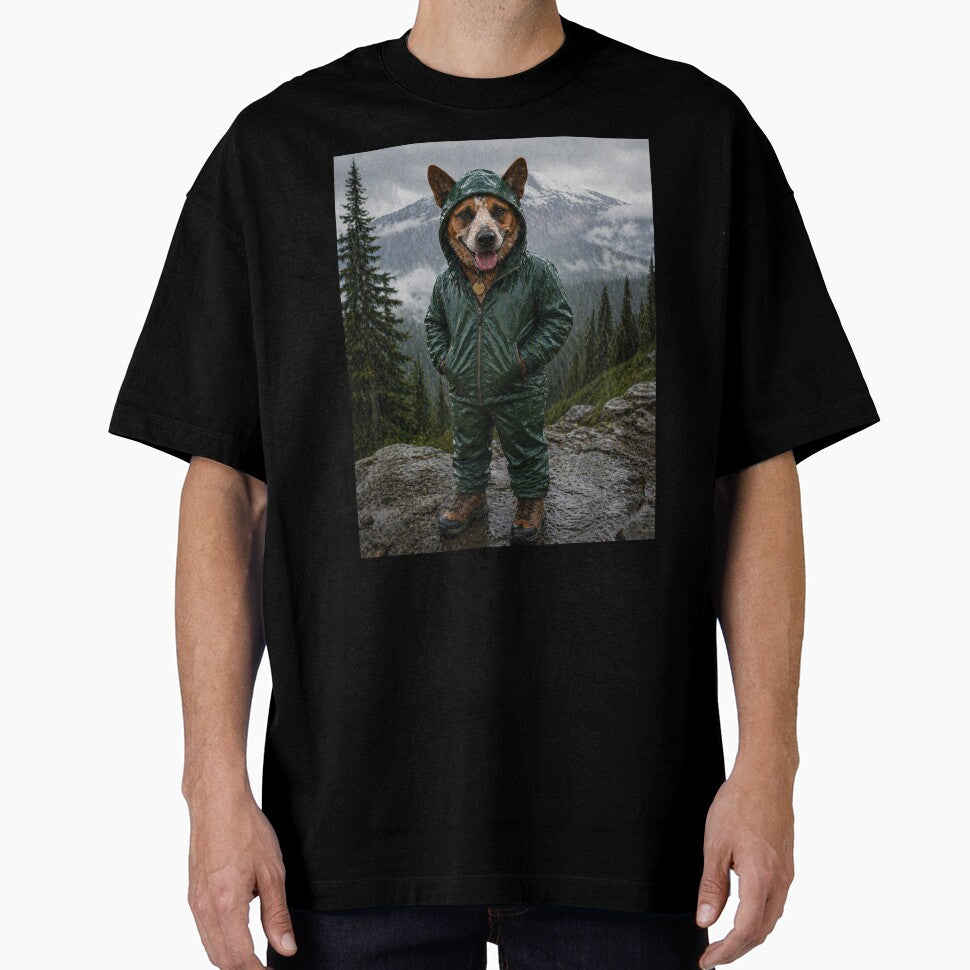 Cash the Rain Dog – Mountain Adventure Dog in Rain Gear | Hiking Dog Art | Pacific Northwest Rainier Dog Illustration by Red Cash