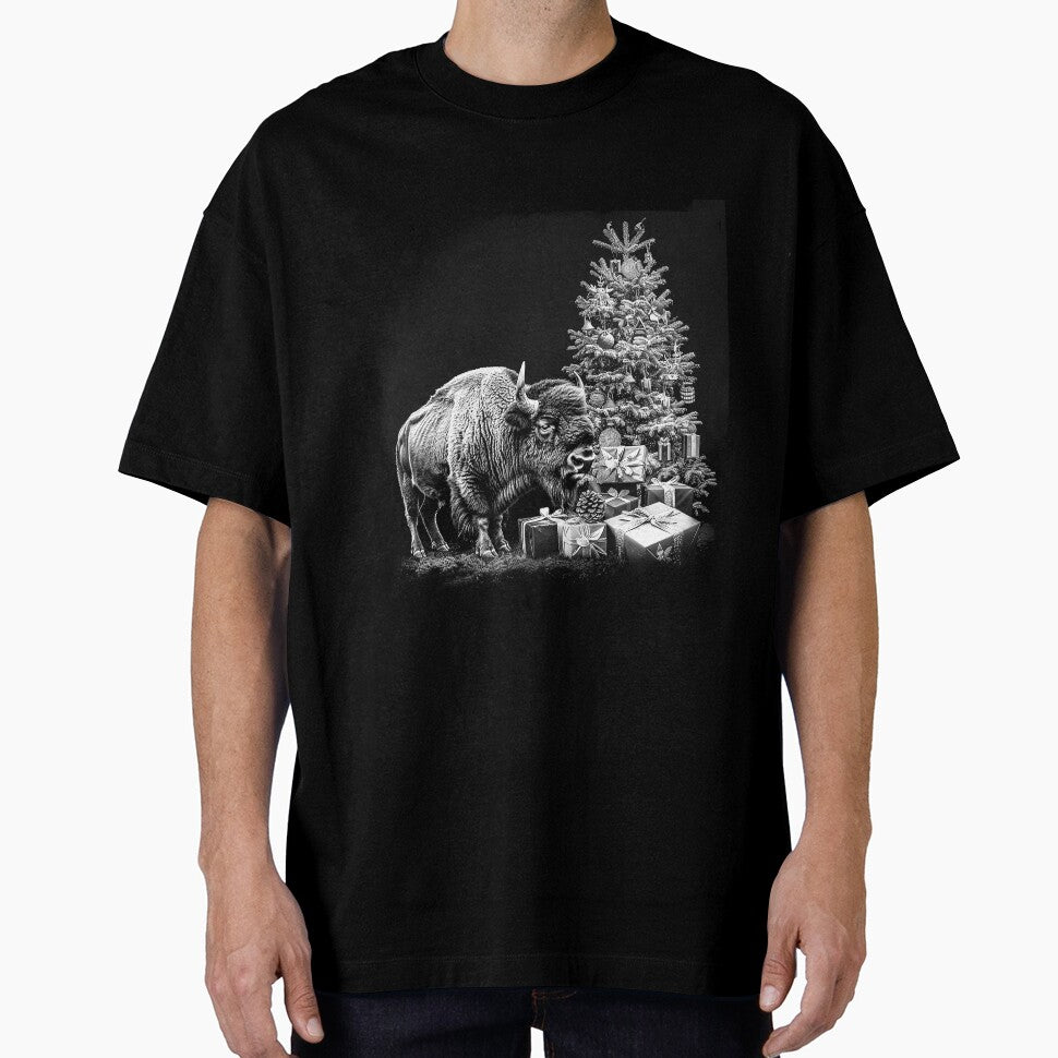 Christmas Bison with Gifts – Black and White Holiday Wildlife Art by inkoutninja