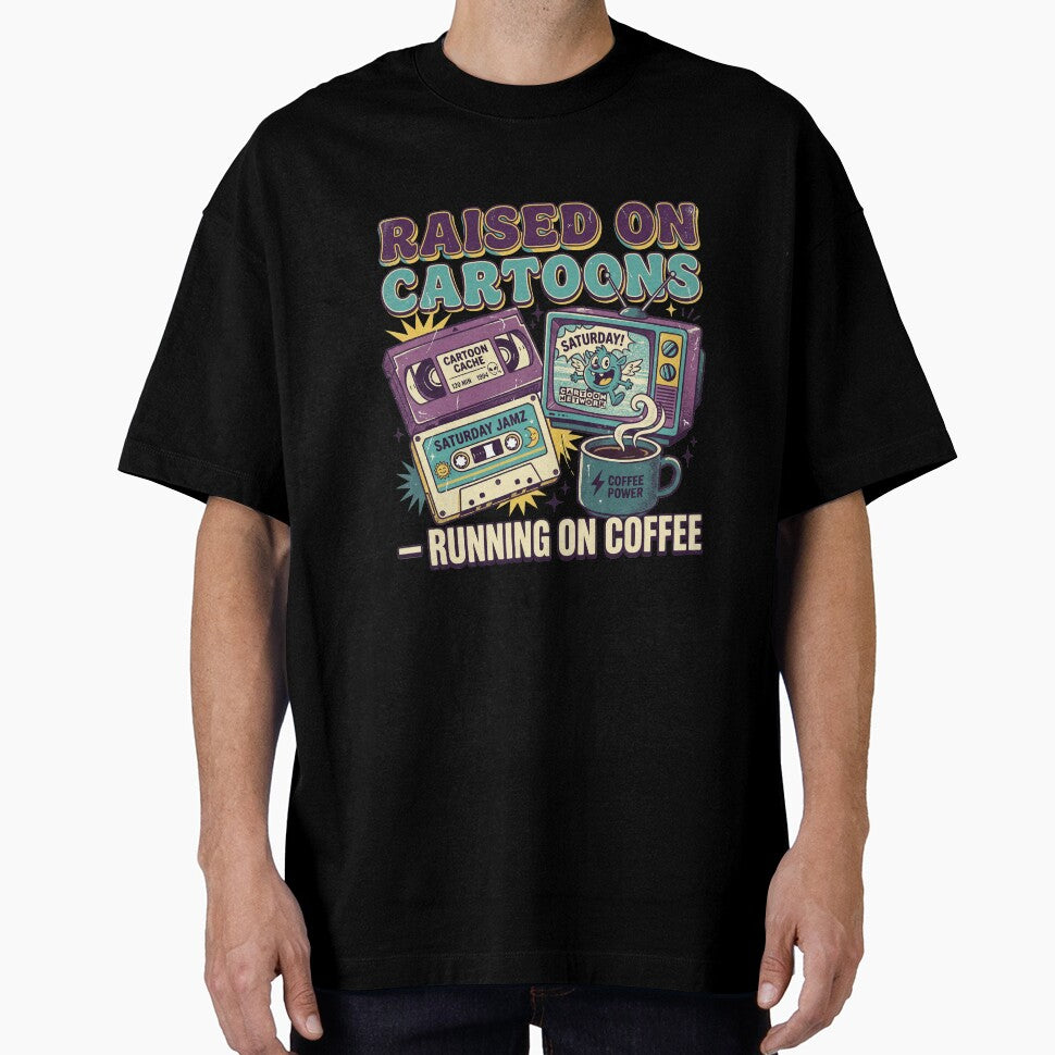 Raised On Cartoons Running On Coffee 90s Dad Retro Fathers Day Shirt by DESIGN BUREAU
