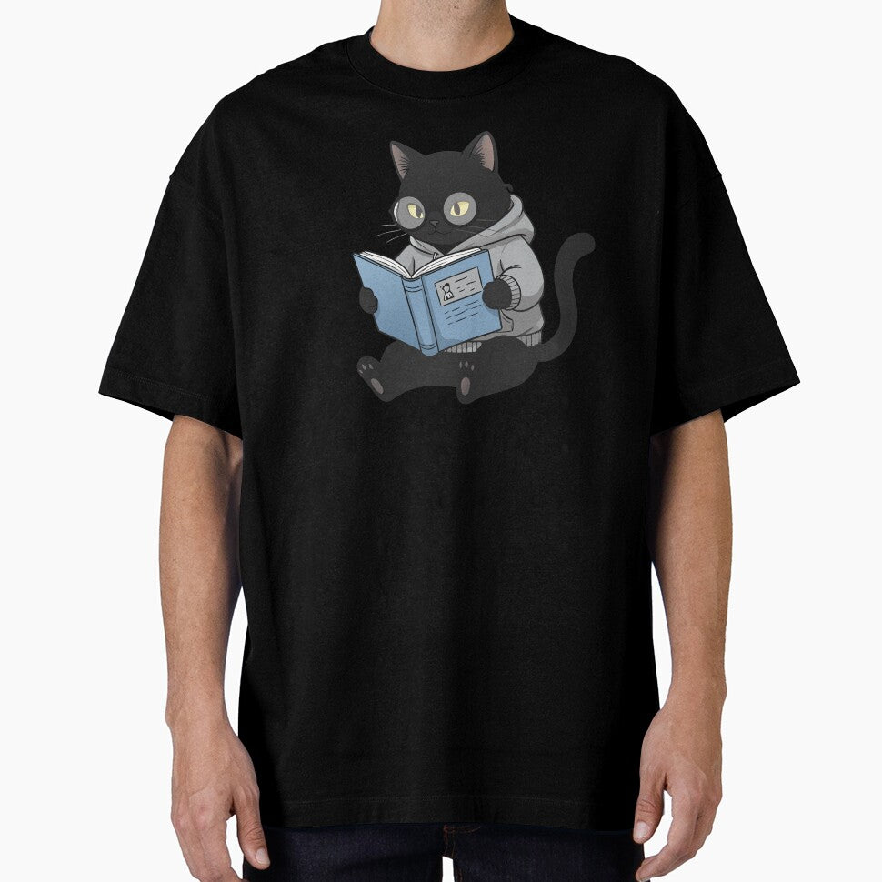 Cozy Nerd Black Cat in Hoodie Reading a Book by Cipher & Soul