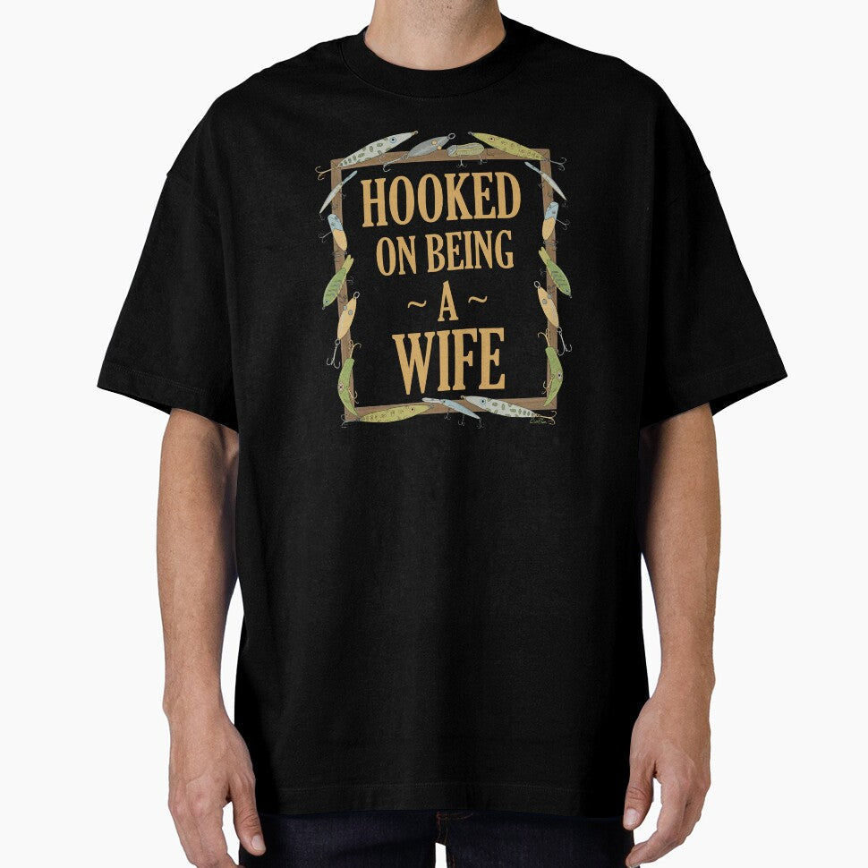 Hooked on being a Wife - Wife Fishing Lure Design - Fishing Lures Border - Black by EcoElsa