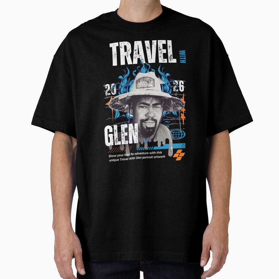Travel With Glen V3 Blue bk-bg – Signature Travel Portrait Art | Adventure, Explorer & World Traveler Design by buycostarica