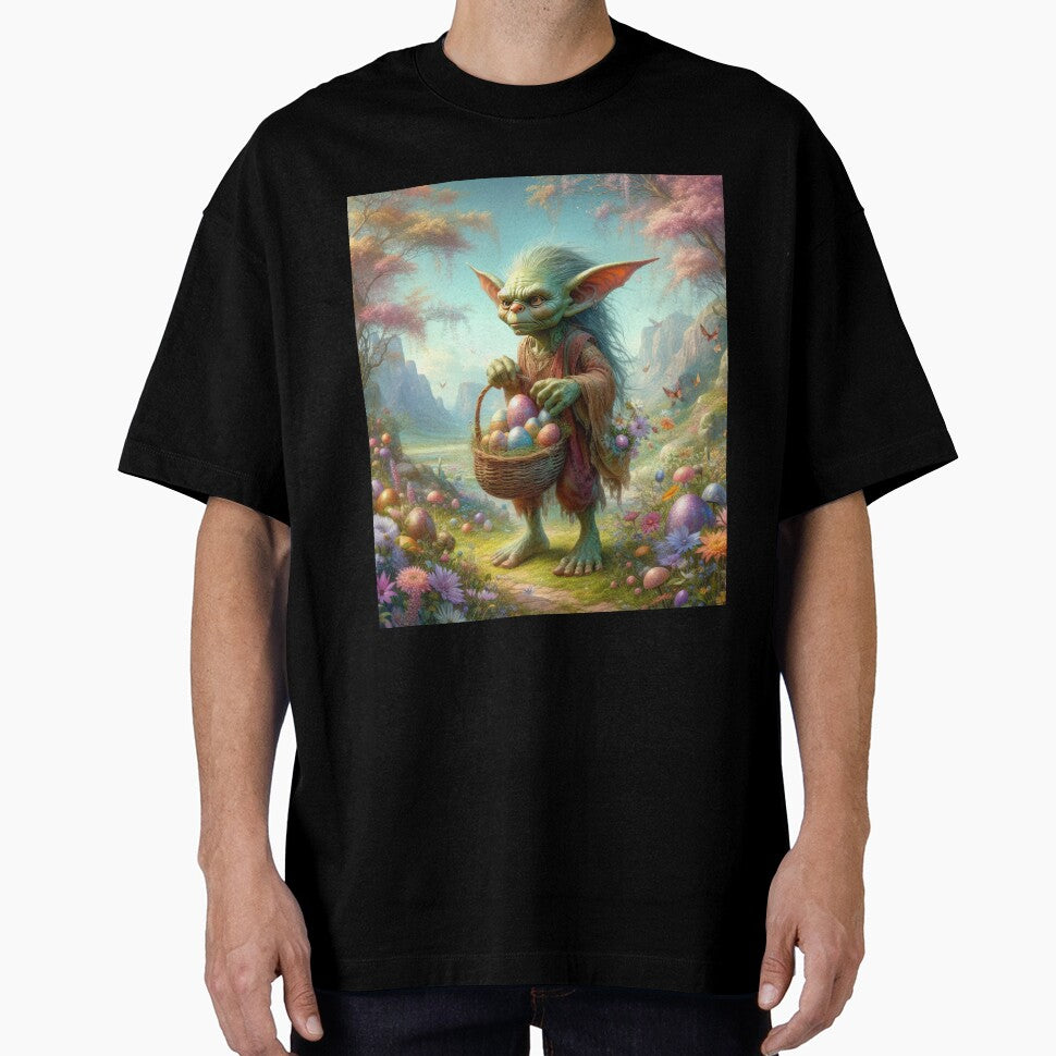 Goblin with a basket of Easter eggs in the forest flowers fantasy easter landscape by Expressions-Sel