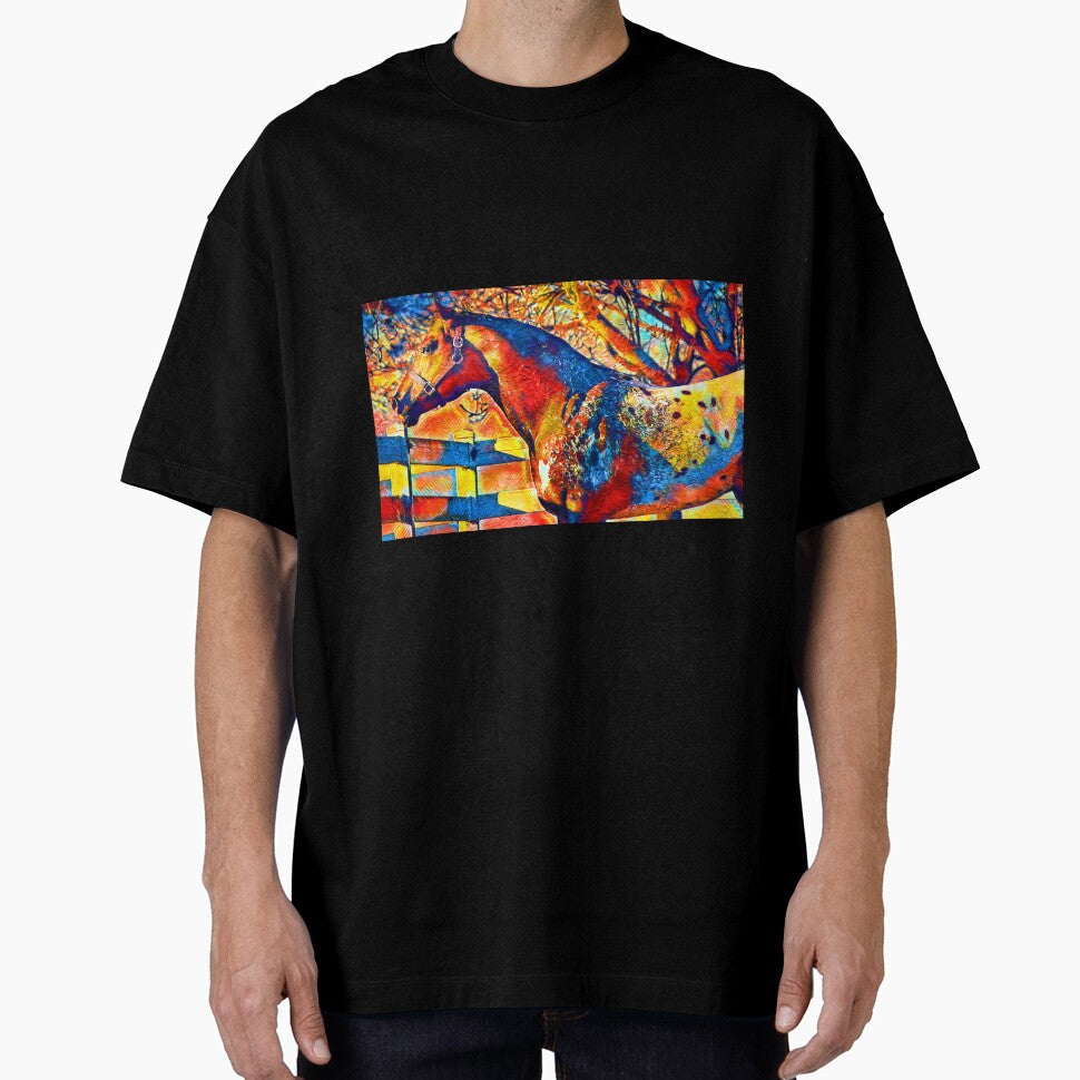 Appaloosa horse sitting near a tree and fence – colorful painting in blue, red and yellow by NickoPrints