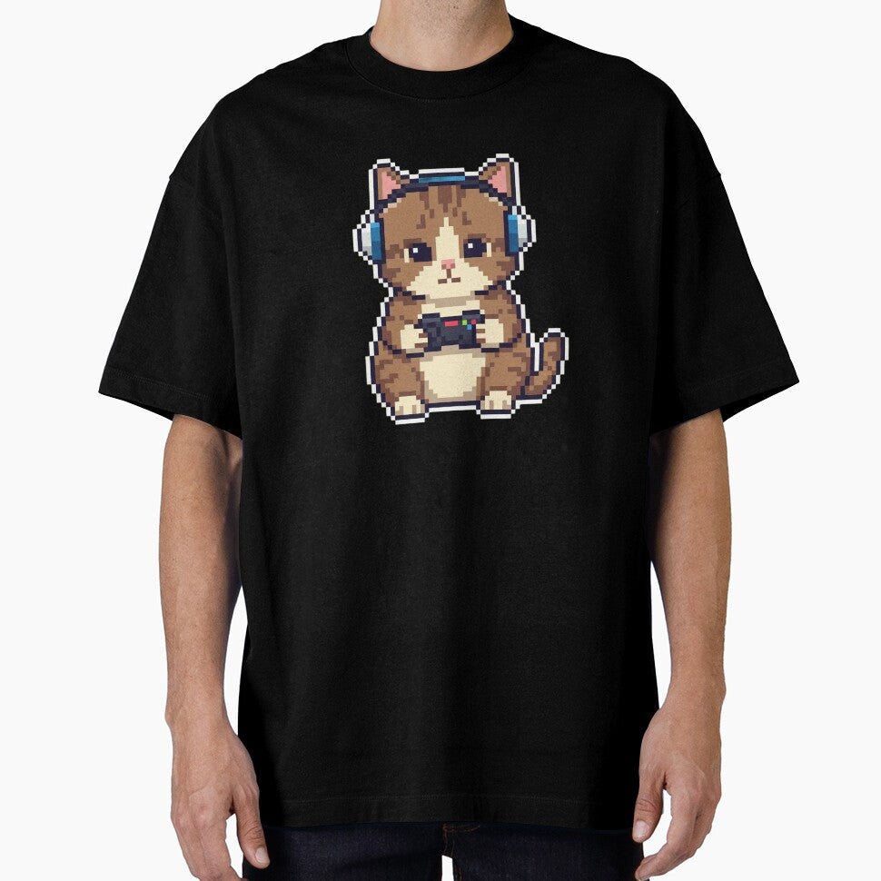 Cute Pixel Gamer Cat with Blue Headphones by BlurBlurDesign