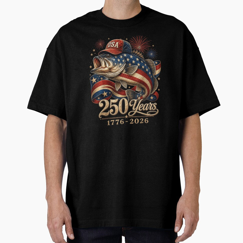 USA 250 Years 1776 2026 American Flag Bass Fishing Fourth Of July by WilliaMaler