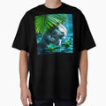 long hair white tiger under a huge palm leaf in a lake during rain raindrops on leaf crystal clear digitalart by EmeraldeaArt