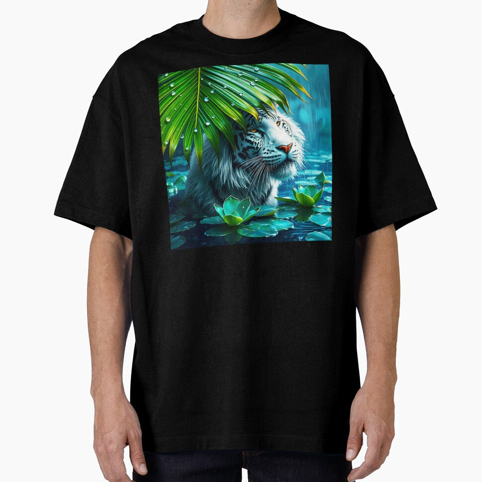 long hair white tiger under a huge palm leaf in a lake during rain raindrops on leaf crystal clear digitalart by EmeraldeaArt