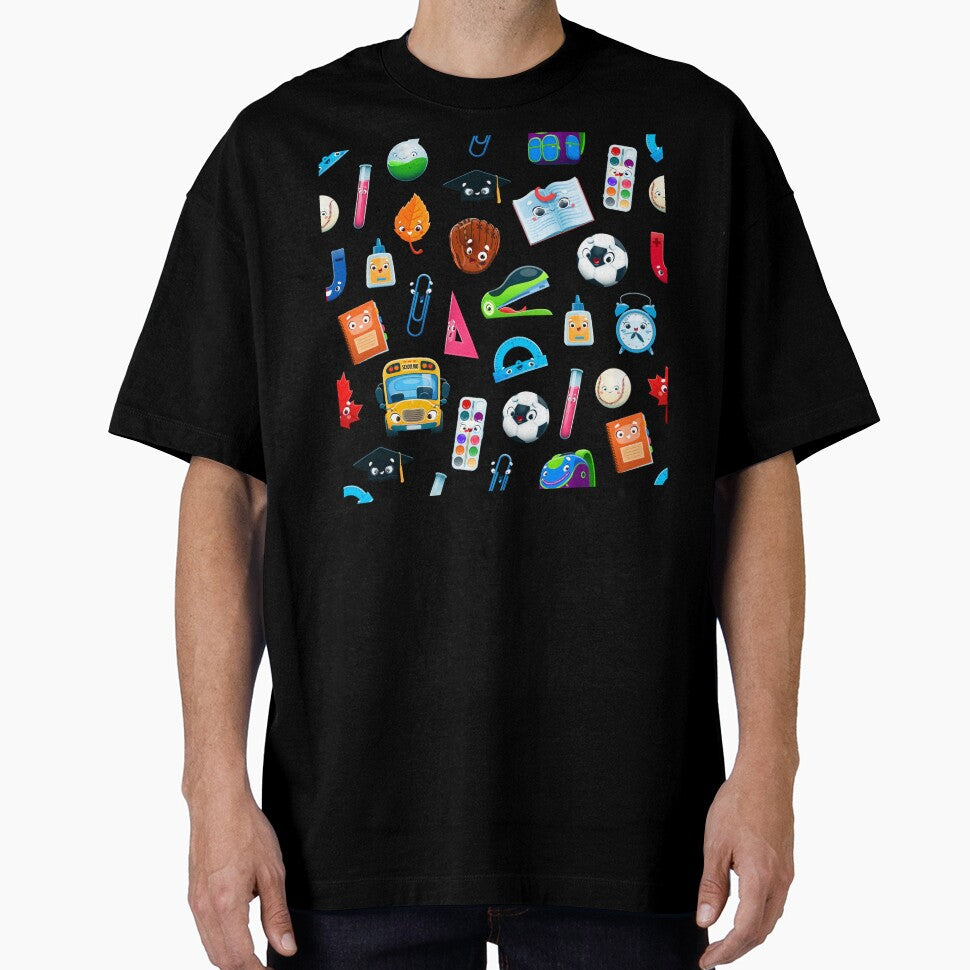 Cartoon School Supplies & Sports Pattern – Fun Back-to-School Kids Clothing Design by FestivityFinds