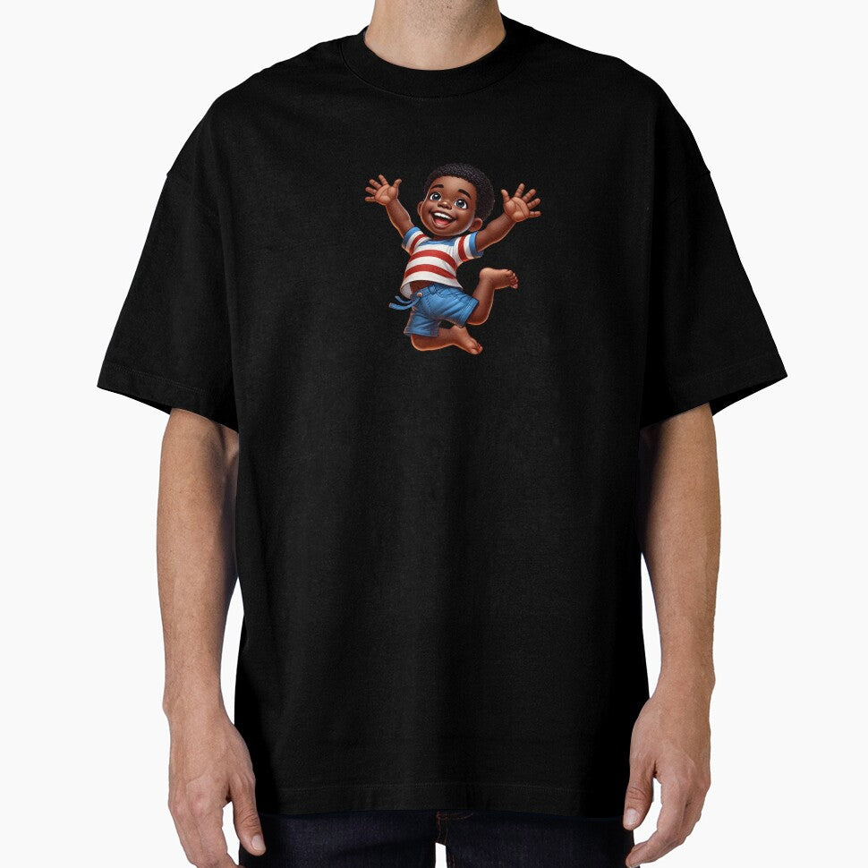 Smiling Black Toddler Jumping – Cute Afro American Boy Art by Lulunza