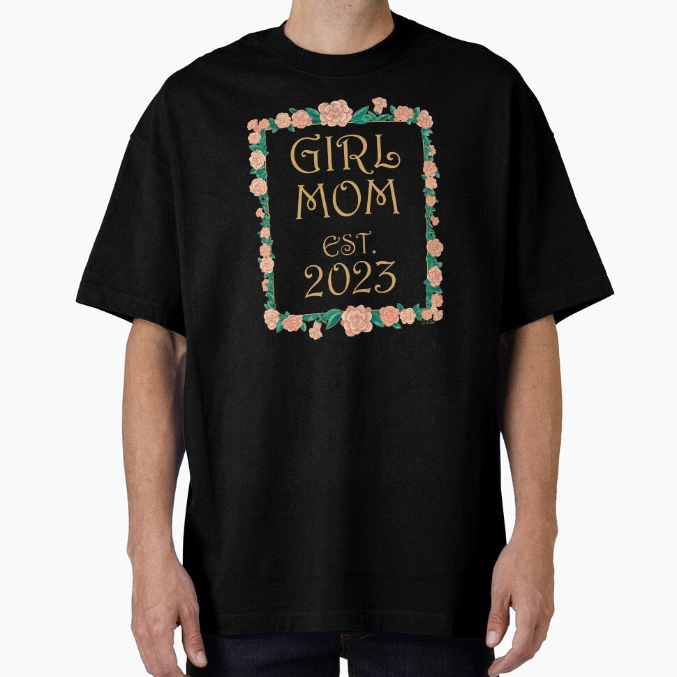 Girl Mom est. 2023 - Girl Mom Gift - Gold & Roses Border - White by EcoElsa