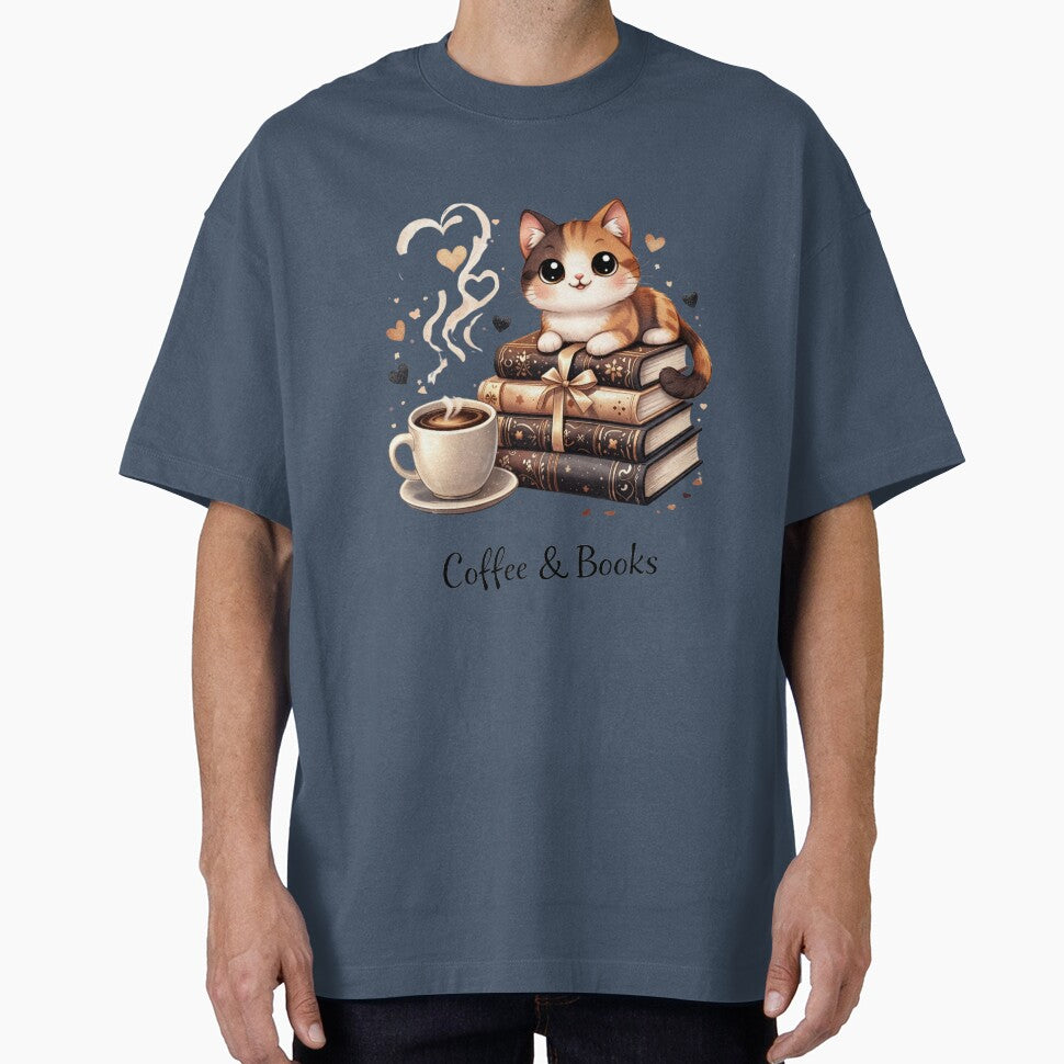 Cute Cat Coffee and Books Lover Aesthetic Design by PlynGraphics