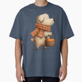 A fuzzy dog wearing a scarf carries a basket with a pumpkin. by Mauswohn