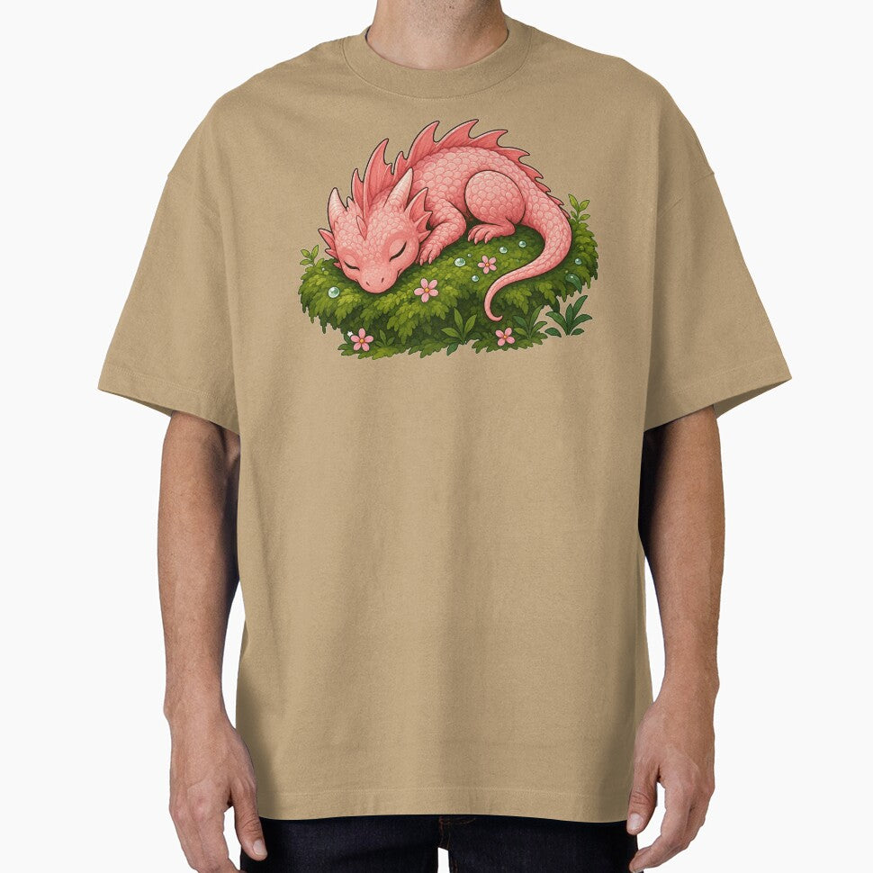 Sleeping Pink Baby Dragon on Moss – Cute Cozy Fantasy Dragon Art by Hatchling Hollow