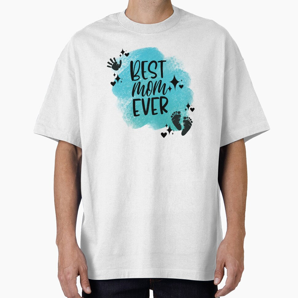 Best Mom Ever with Hand, Footprints, Hearts, Stars & Teal Background by JeweledDesigns