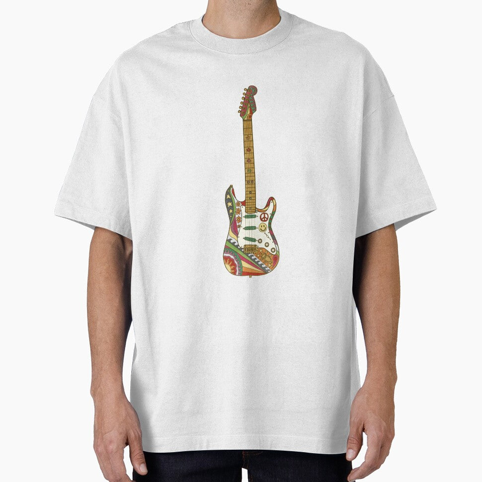 Vintage Psychedelic Guitar Art White– Retro Hippie Rainbow Groovy Peace Design by Kellie Espie Art