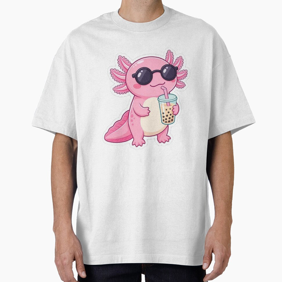 Cool Pink Axolotl Drinking Boba Milk Tea by BobaCatDesign