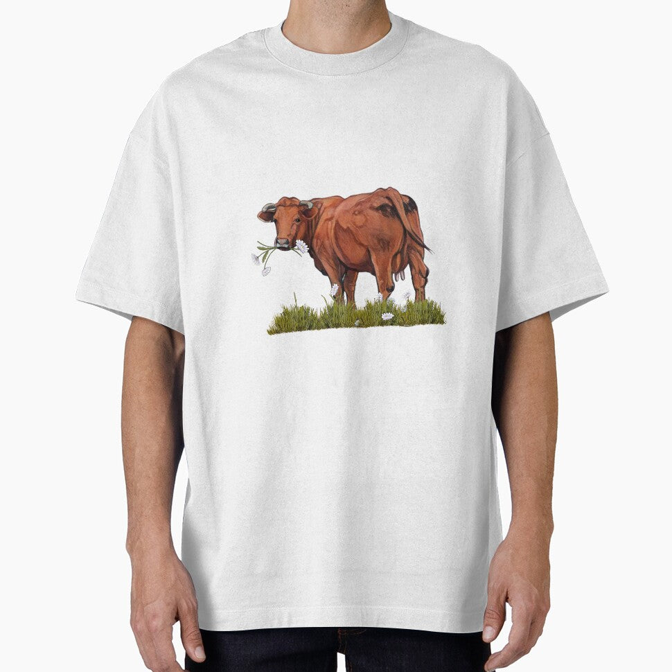 Red Beef Cow Eating Daisies, Freehand Digital Illustration, Farm Animal by JoyfulWhimsy