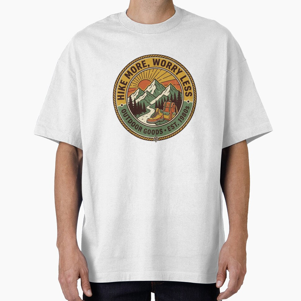 Hike More Worry Less – Vintage Outdoor Goods Hiking Badge by KERK Art and Design