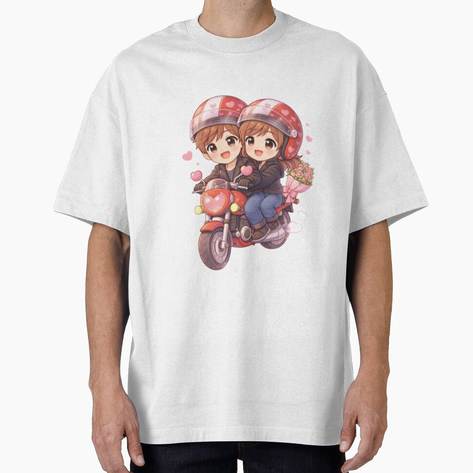 Cute Valentine Biker Couple – Chibi Romantic Illustration with Flowers by MysticPurpleHue