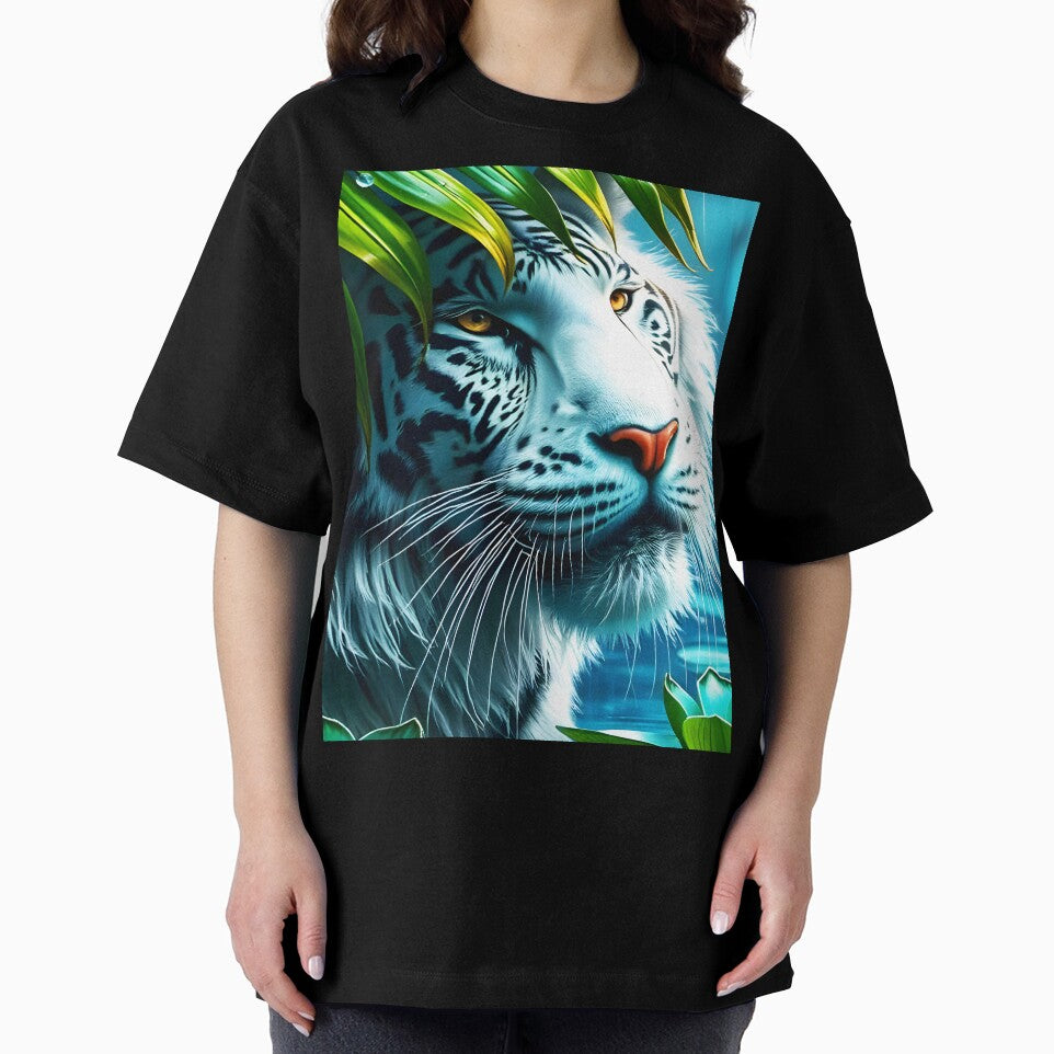 White Tiger Under Palm Leaf in Rain – Crystal Clear Digital Art (2:3 Card Edition) by EmeraldeaArt