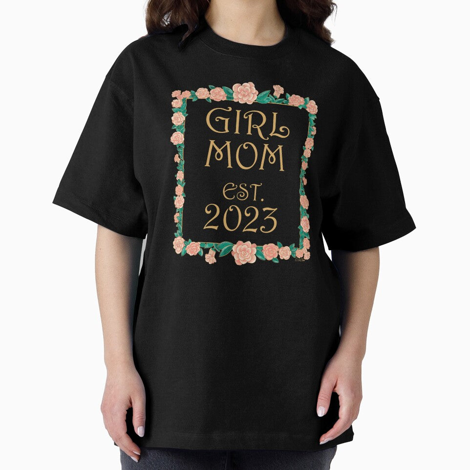 Girl Mom est. 2023 - Girl Mom Gift - Gold & Roses Border - White by EcoElsa