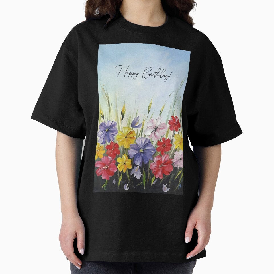 Happy Birthday message on a floral colorful painting by EmeraldeaArt