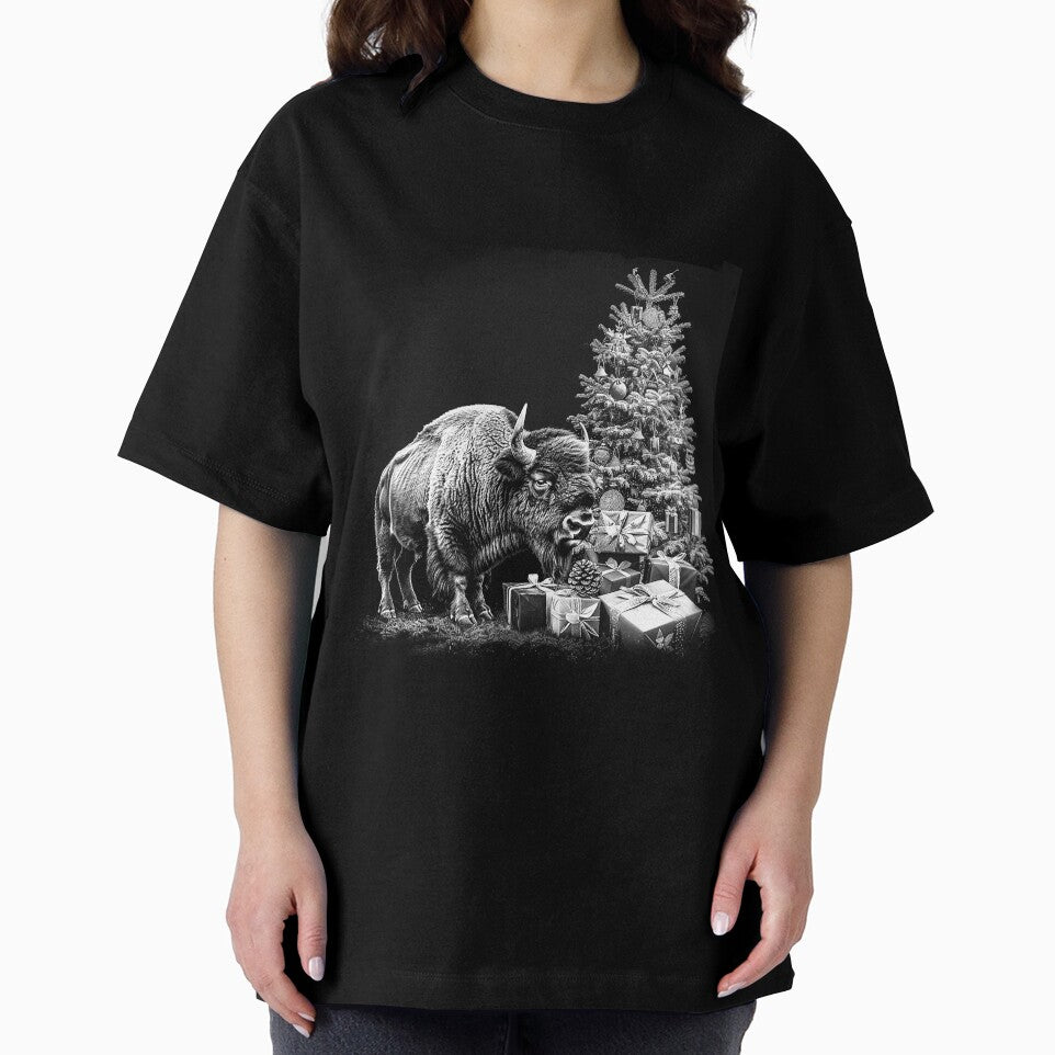 Christmas Bison with Gifts – Black and White Holiday Wildlife Art by inkoutninja
