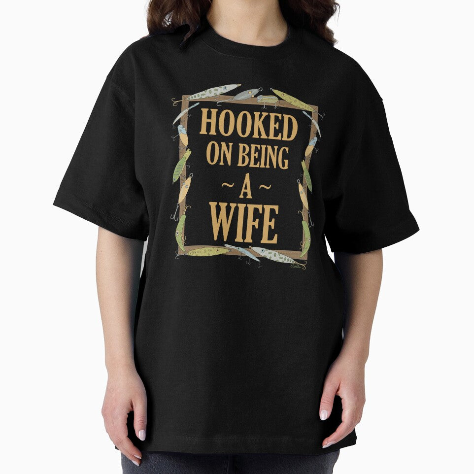 Hooked on being a Wife - Wife Fishing Lure Design - Fishing Lures Border - Black by EcoElsa