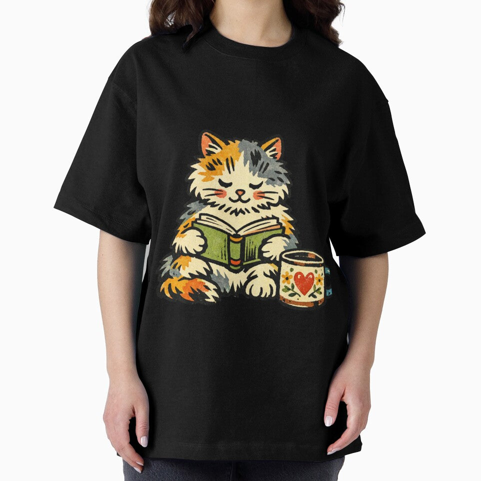 Cozy Folk Art Calico Cat - Vintage Book Lover Illustration by HappySproutArt