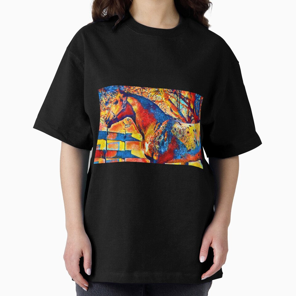 Appaloosa horse sitting near a tree and fence – colorful painting in blue, red and yellow by NickoPrints