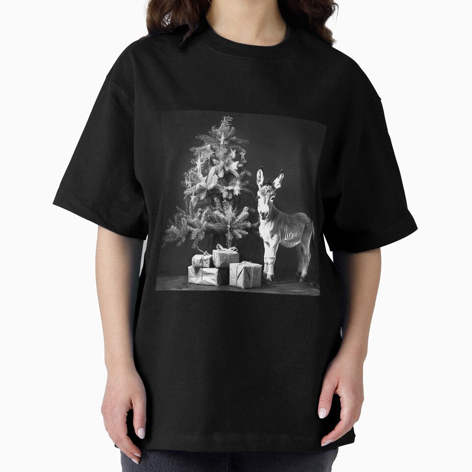 Christmas Donkey by the Tree – Black and White Rustic Holiday Art by inkoutninja