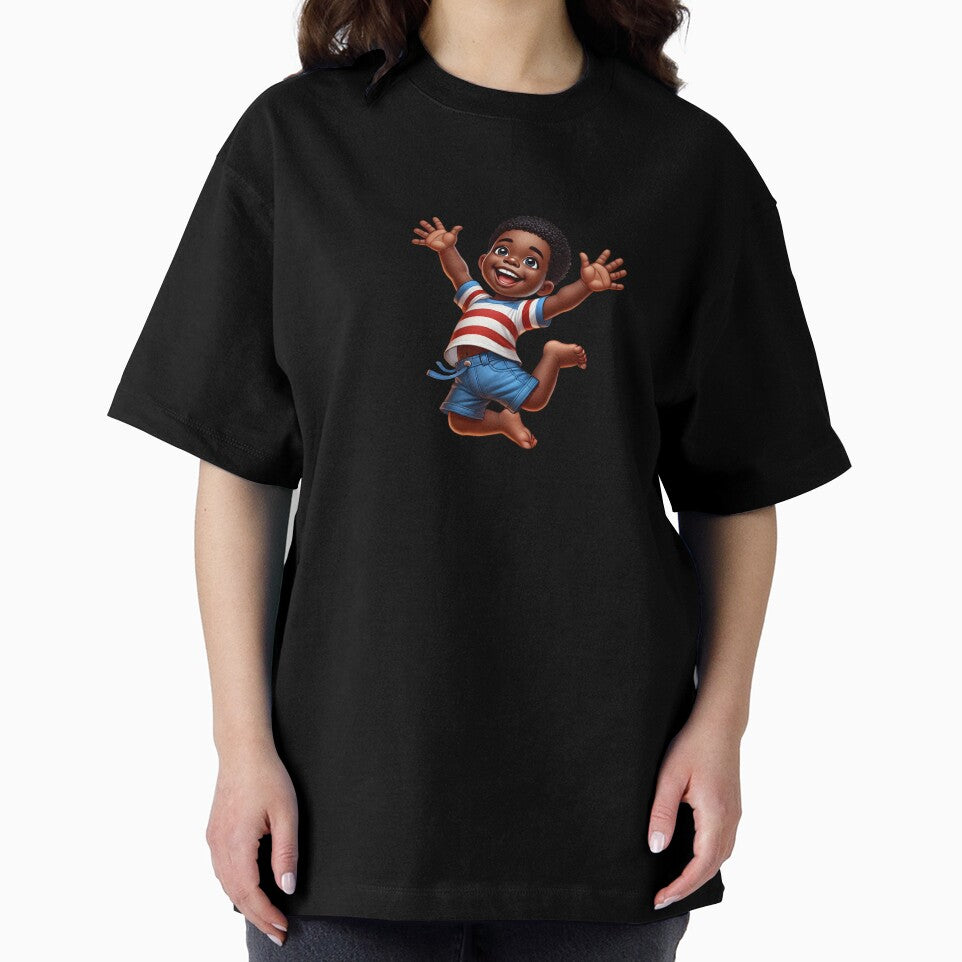 Smiling Black Toddler Jumping – Cute Afro American Boy Art by Lulunza
