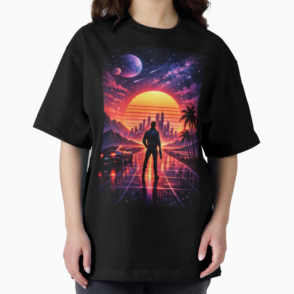 Synthwave Outrun City – Neon Cyberpunk Sunset Grid Retro Futuristic Artwork by 486DesignCo