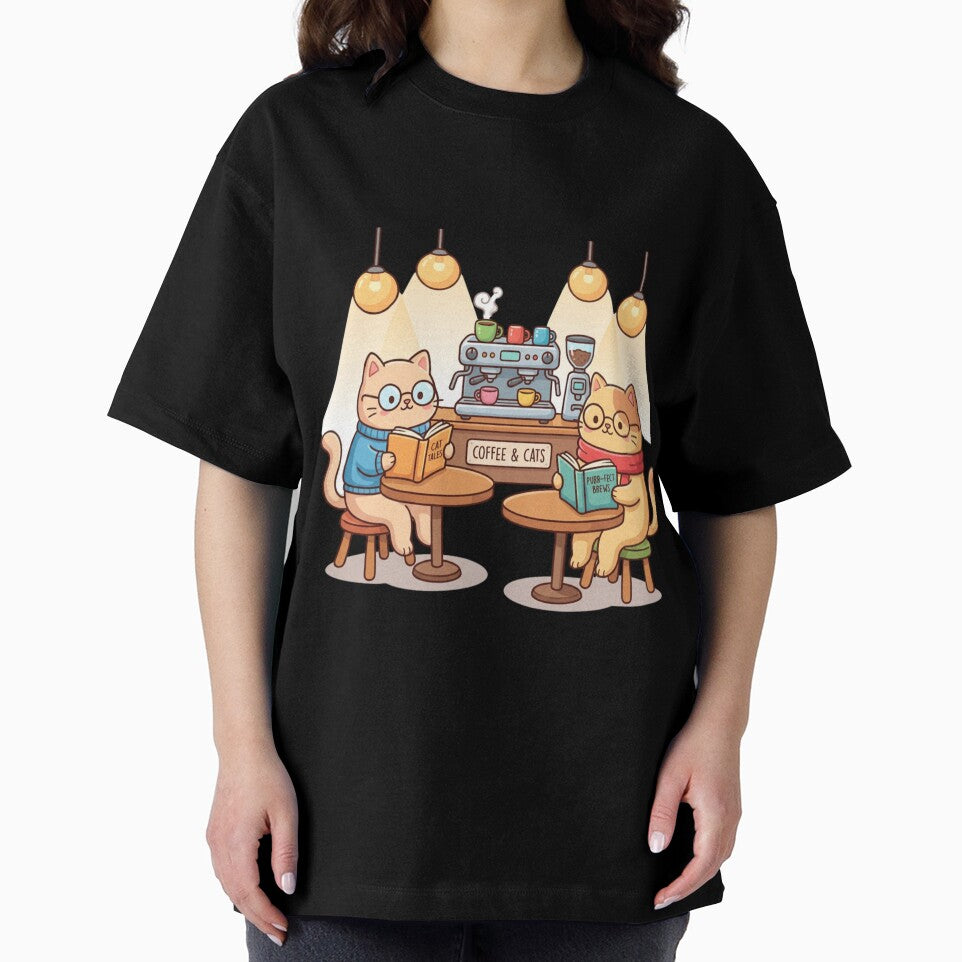 "Coffee & Cats" Cafe Illustration - Scholar Kitty Reading Nook Wall Art - Purr-fect Brews Whimsical Decor by HappySproutArt