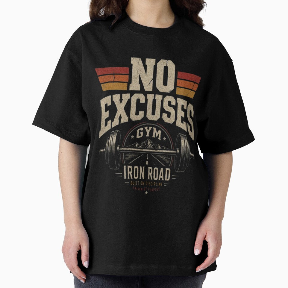 No Excuses Iron Road Gym Retro 70s Bodybuilding Motivation by ElkasDesign