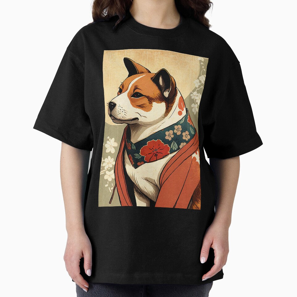 Brown and White dog with red robe - Japanese style by KoolArtDistrict