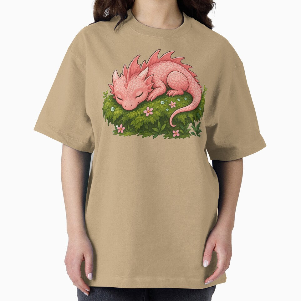 Sleeping Pink Baby Dragon on Moss – Cute Cozy Fantasy Dragon Art by Hatchling Hollow
