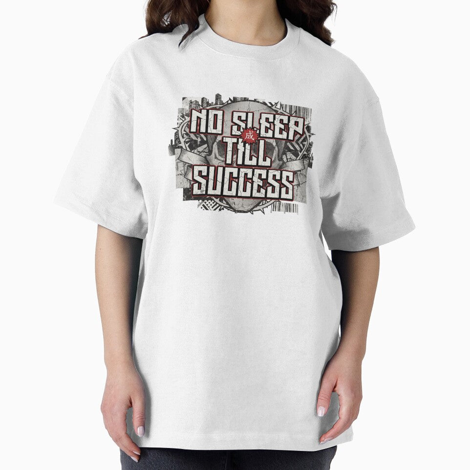 Maximalist urban design, oversized cracked-texture text "NO SLEEP TILL SUCCESS" by alex889art