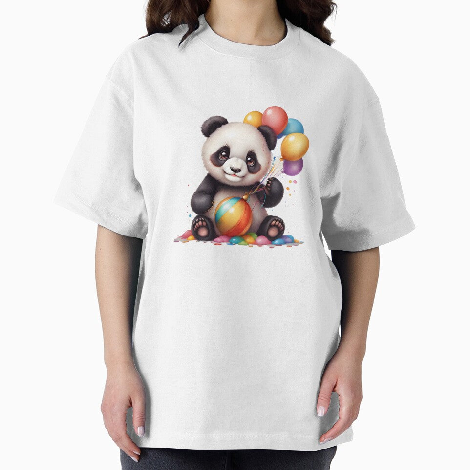 A cheerful panda holding a colorful balloon bouquet by T-SHIR-Universe