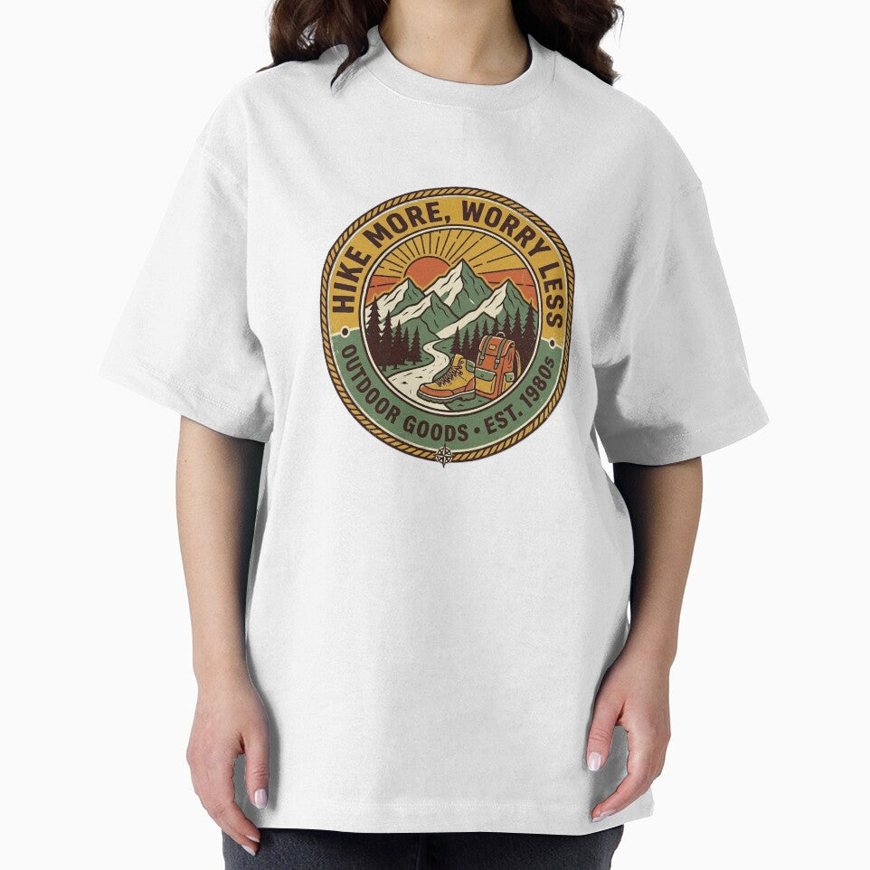 Hike More Worry Less – Vintage Outdoor Goods Hiking Badge by KERK Art and Design