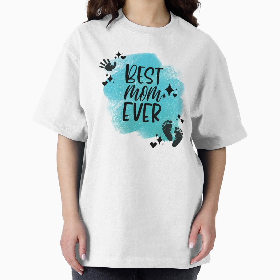 Best Mom Ever with Hand, Footprints, Hearts, Stars & Teal Background by JeweledDesigns