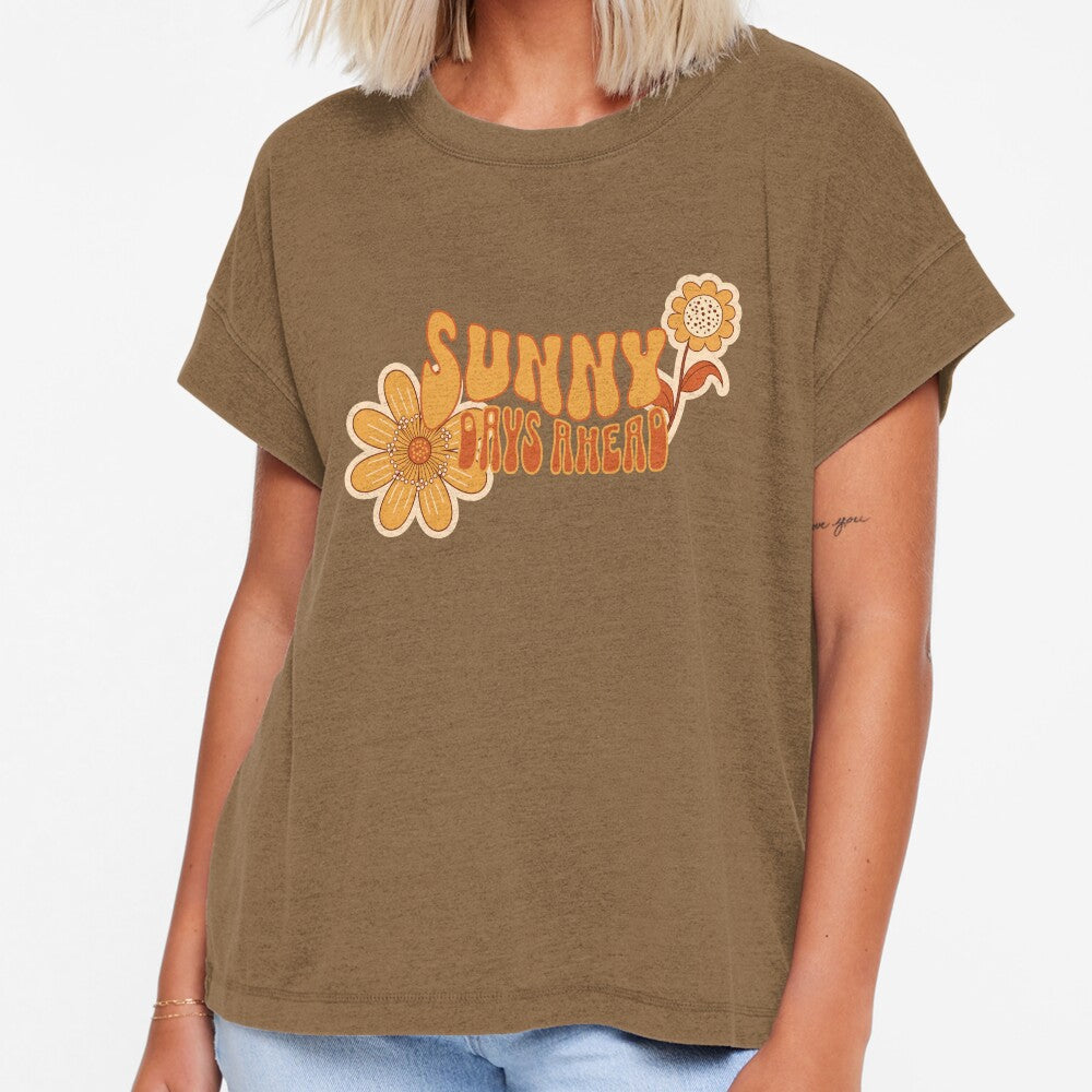 Sunny Days Ahead Flower And Sun In Retro Groovy Font And Colors Unisex Jersey Short Sleeve Tee by CORINNE W