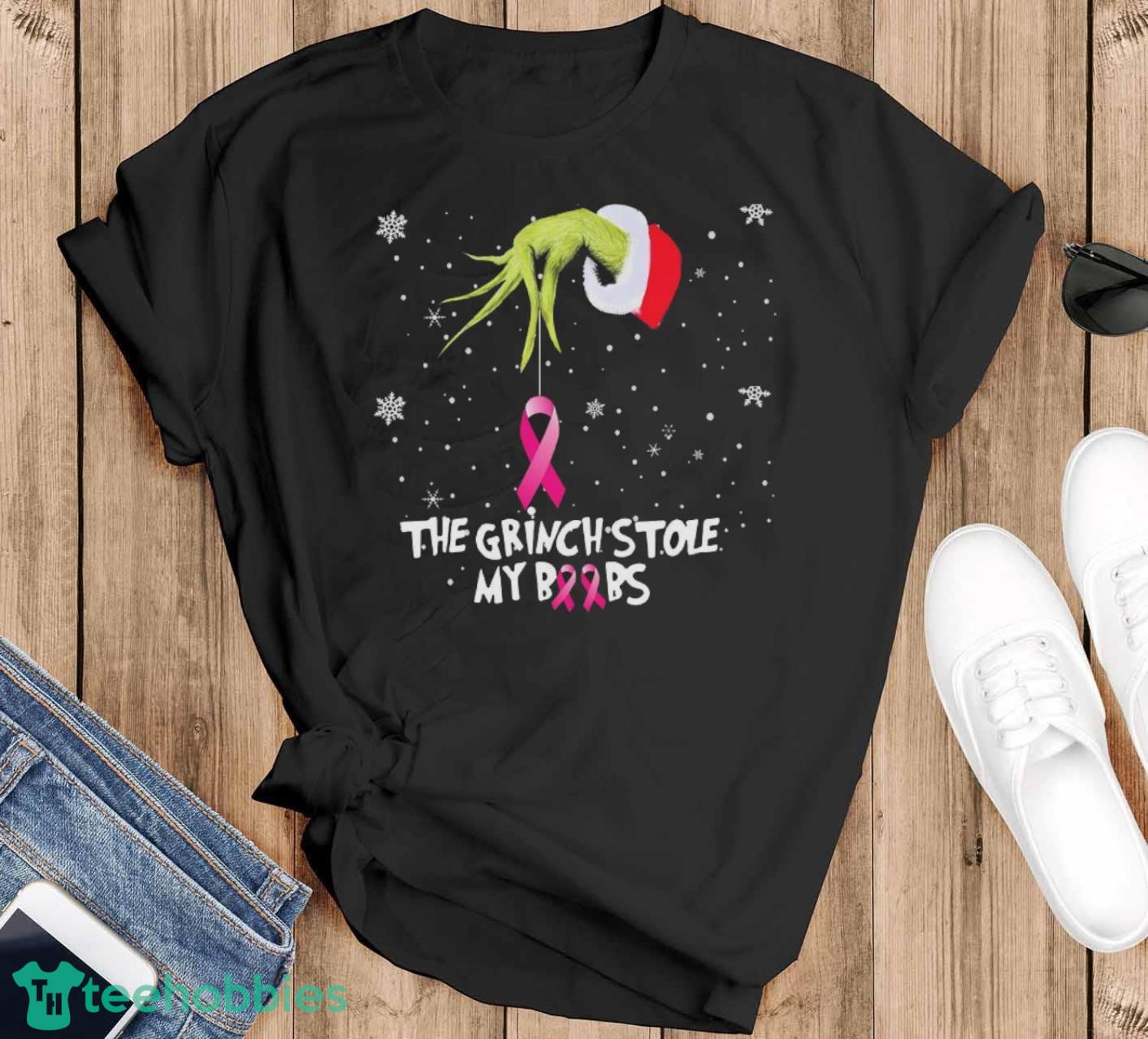 The Grinch Hand holding Breast Cancer the Grinch stole my boobs Merry Christmas shirt
