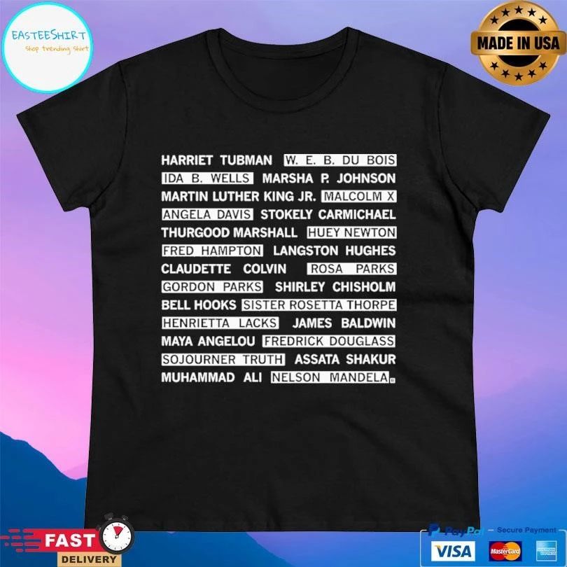 Harriet Tubman W. E. B. Du Bois Ida B. Wells Marsha P. Johnson Martin Luther King Jr. Malcolm X Angela Davis Stokely Carmichael T-shirts