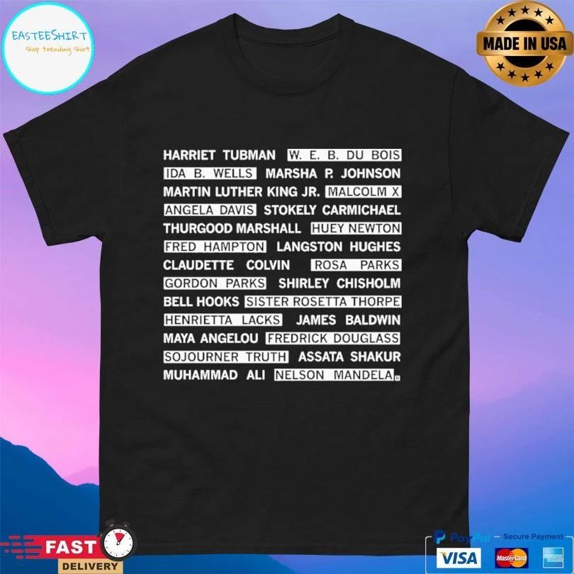 Harriet Tubman W. E. B. Du Bois Ida B. Wells Marsha P. Johnson Martin Luther King Jr. Malcolm X Angela Davis Stokely Carmichael T-shirts